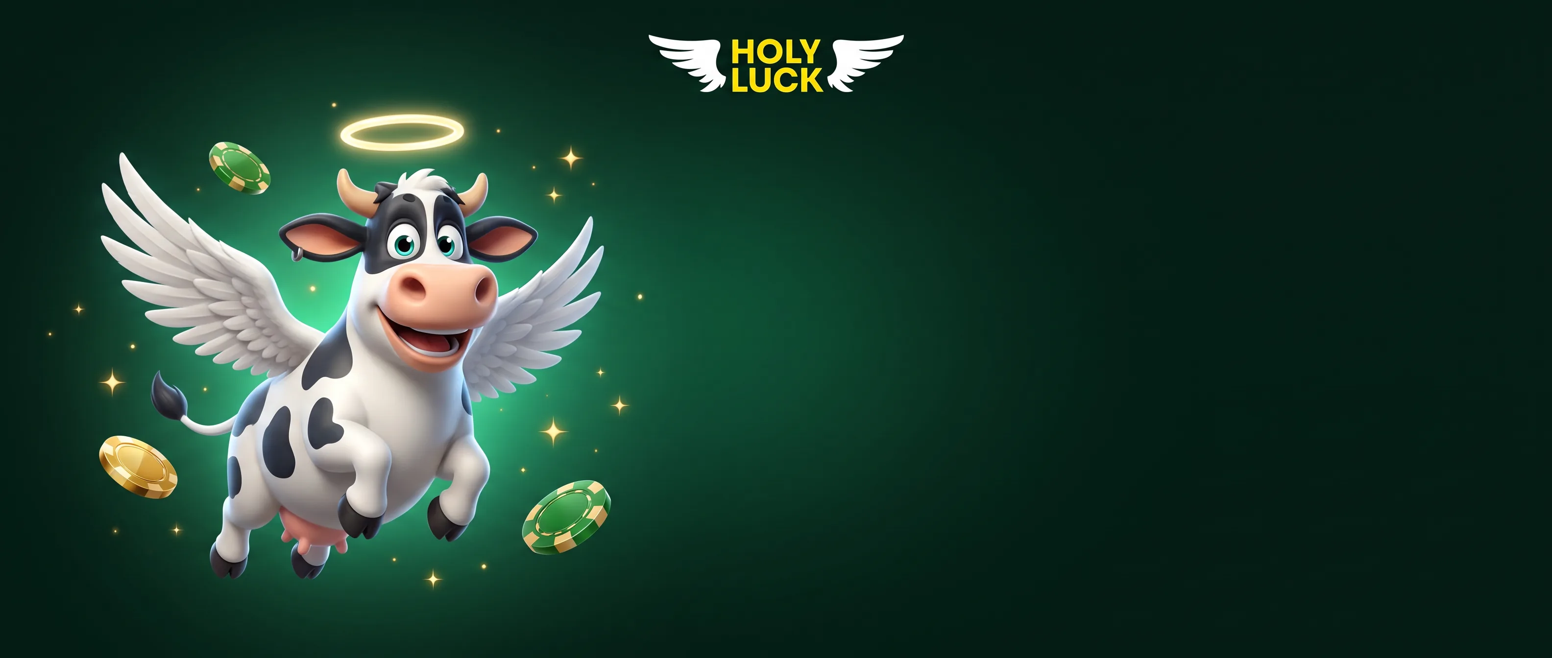 HolyLuck winged cow mascot with a halo and casino chips on a forest-green background