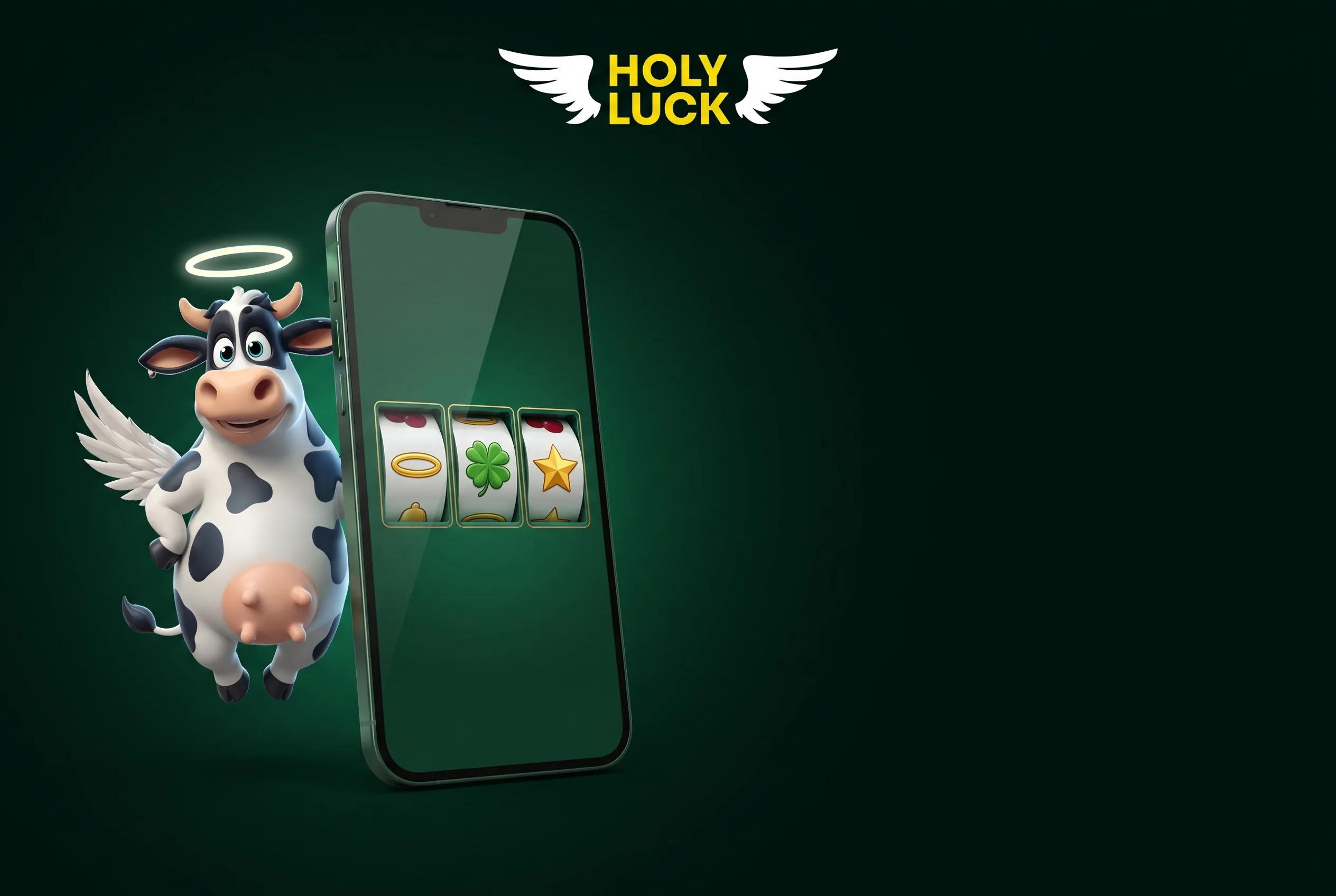 HolyLuck mascot beside a mobile phone displaying slot symbols